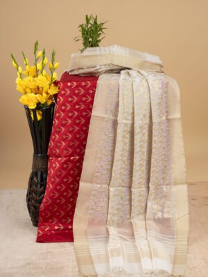 Adrika Banarasi Cotton Silk Red Colour Kurti & Cotton Silk Off White Colour Dupatta Unstitched 2 Piece Kurta Set