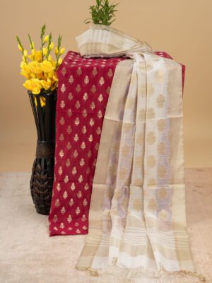 Adrika Banarasi Chiniya Silk Burgundy Colour Kurti & Cotton Silk Off White Colour Dupatta Unstitched 2 Piece Kurta Set