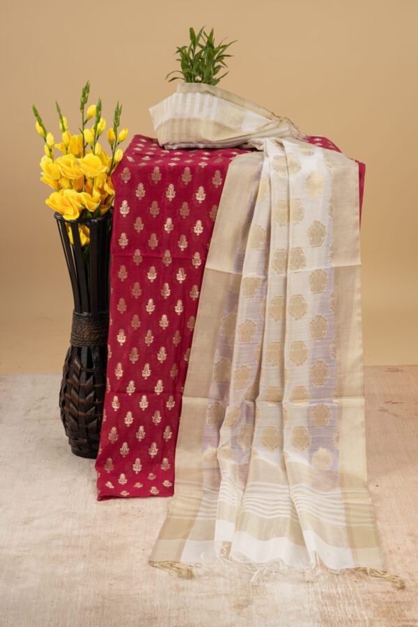 Adrika Banarasi Chiniya Silk Burgundy Colour Kurti & Cotton Silk Off White Colour Dupatta Unstitched 2 Piece Kurta Set