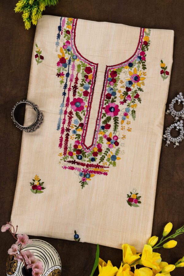 Adrika Hand Embroidered Semi Tussar Unstitched Kurta set by adrika