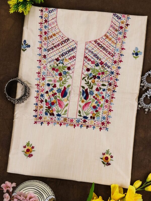 Adrika Semi Tussar Unstitched Kurta with Multicoloured Thread Embroidery