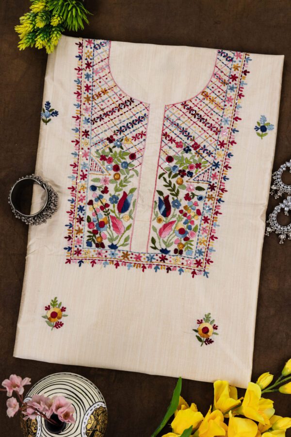 Adrika Semi Tussar Unstitched Kurta with Multicoloured Thread Embroidery