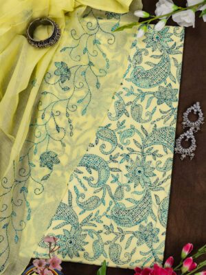 Adrika’s Blue & Rama Green Thread Hand Embroidered Unstitched Kurta Set