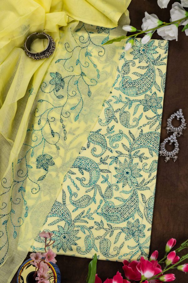 Adrika’s Blue & Rama Green Thread Hand Embroidered Unstitched Kurta Set