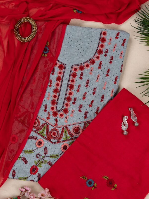 Adrika Hand Embroidered Unstitched 3 Piece Kurta Set with Chiffon Dupatta