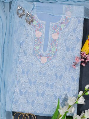 Adrika's Lucknow Chikankari Powder Blue Cotton Unstitched 3-Piece Kurti Set