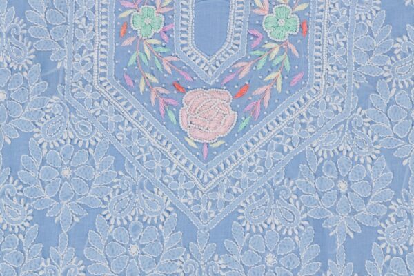 Hand-embroidered Lucknow Chikankari Powder Blue Cotton Unstitched 3-Piece Kurti Set by Adrika