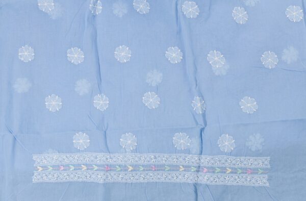 Adrika's luxurious Lucknow Chikankari Powder Blue Cotton Unstitched 3-Piece Kurti Set with intricate detailing