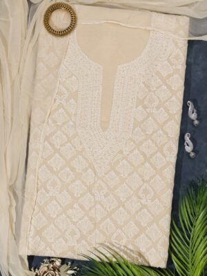 Adrika's Lucknow Chikankari Butter Colour Cotton Unstitched 3-Piece Kurti Set with intricate embroidery