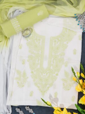 Adrika's Lucknow Chikankari Cotton White Unstitched 3-Piece Kurti Set