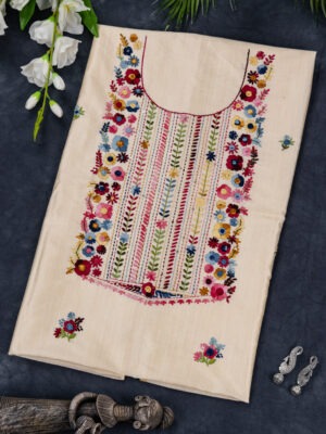 Adrika’s hand-embroidered unstitched Semi Tussar kurta in vibrant colors