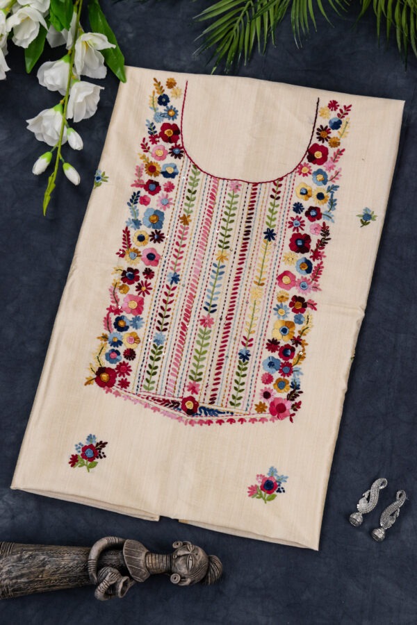 Adrika’s hand-embroidered unstitched Semi Tussar kurta in vibrant colors