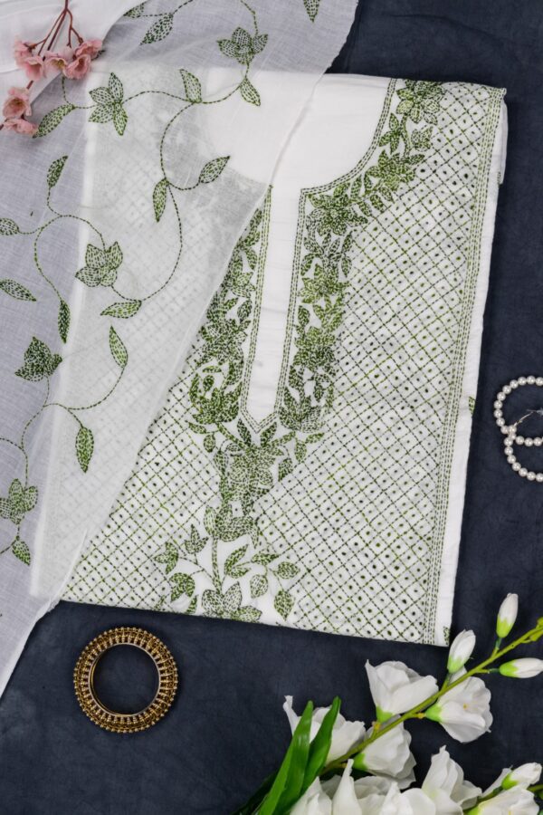 Designer Hand Embroidered Cotton Unstitched 3 Piece Kurta Set by Adrika