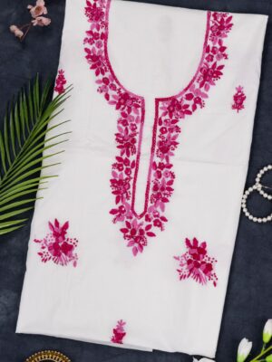 Unstitched pink & white Cotton Kurta with Hand Embroidery