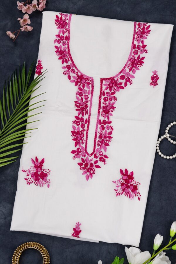 Unstitched pink & white Cotton Kurta with Hand Embroidery