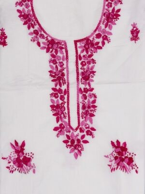 Unstitched pink & white Cotton Kurta with Hand Embroidery by Adrika