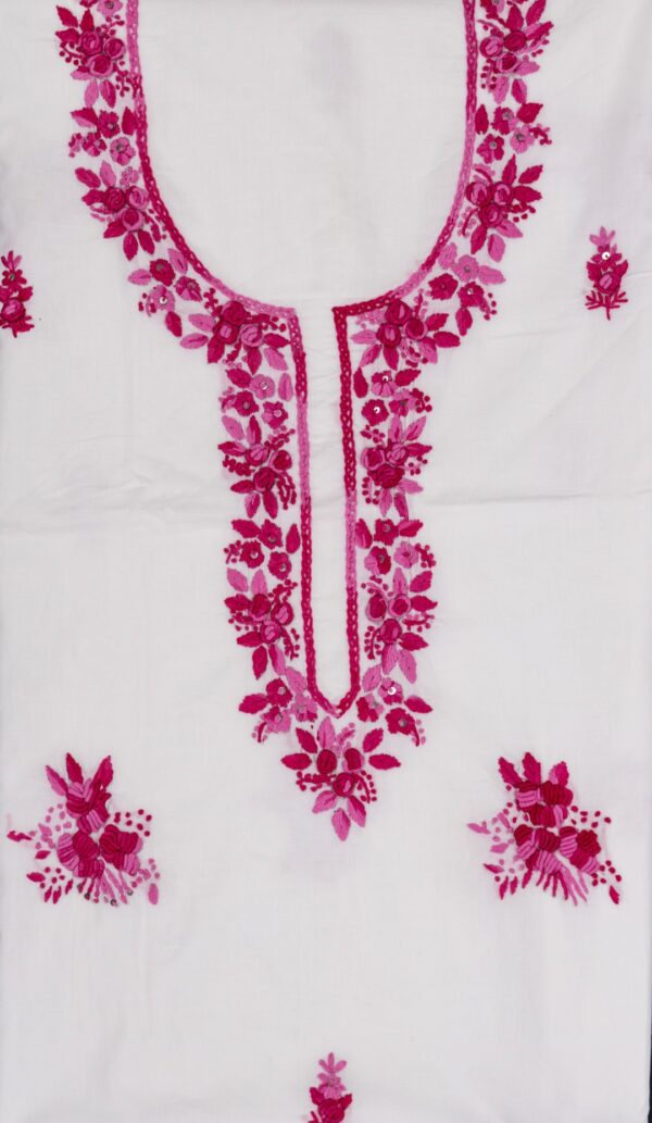 Unstitched pink & white Cotton Kurta with Hand Embroidery by Adrika
