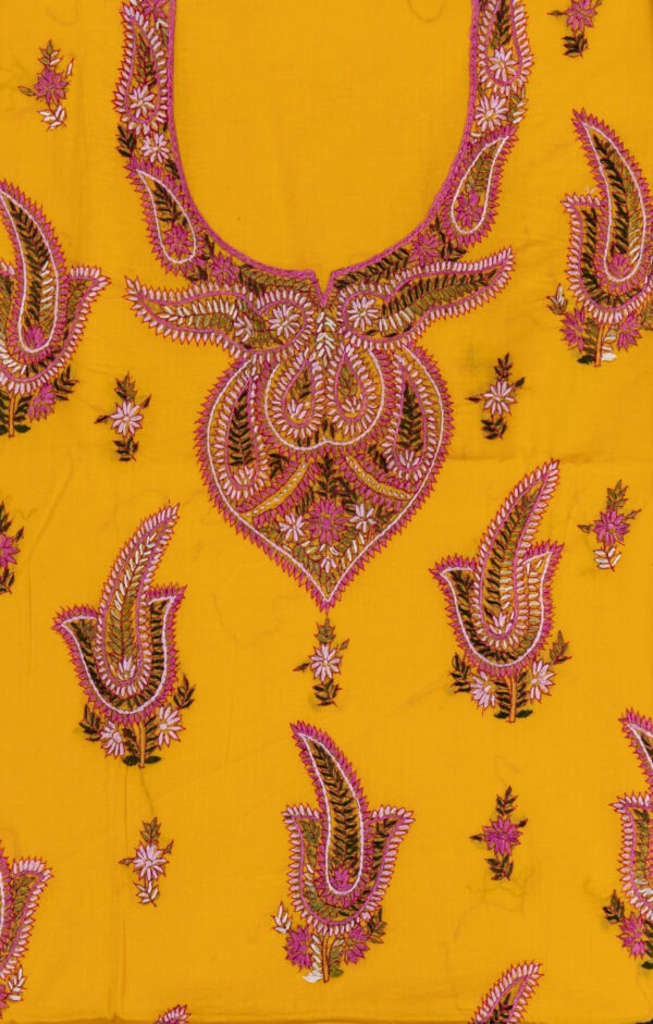 hand-embroidered cotton unstitched kurta, bottom, and dupatta set