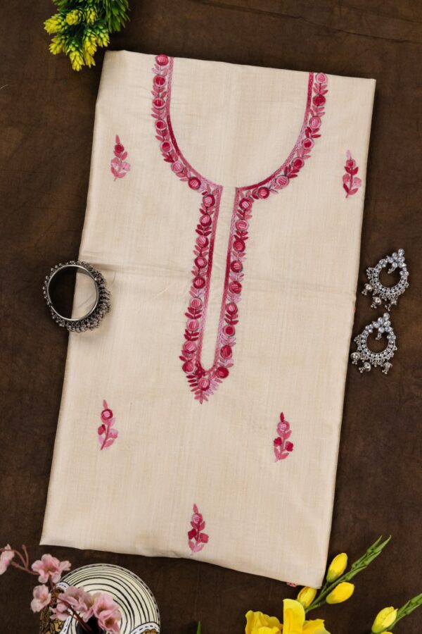 "Handcrafted pink Embroidered Semi Tussar Kurta by Adrika