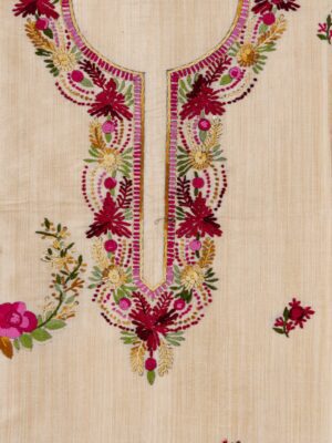Vibrant Multicoloured Thread Hand Embroidered Semi Tussar Kurta by Adrika
