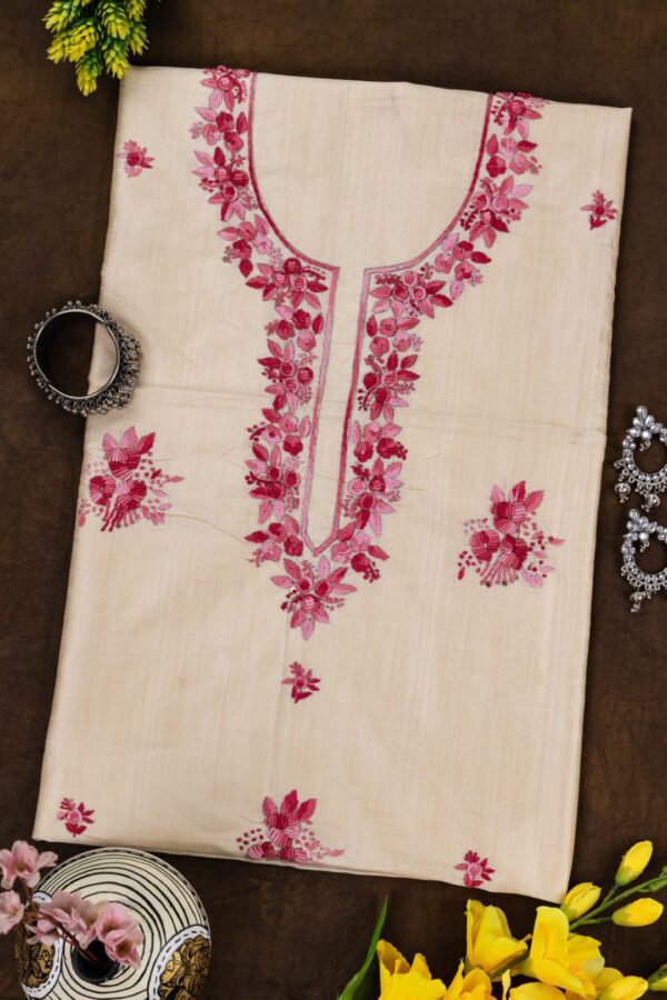 Adrika Hand Embroidered Semi Tussar Kurta with Pink & Red Threads