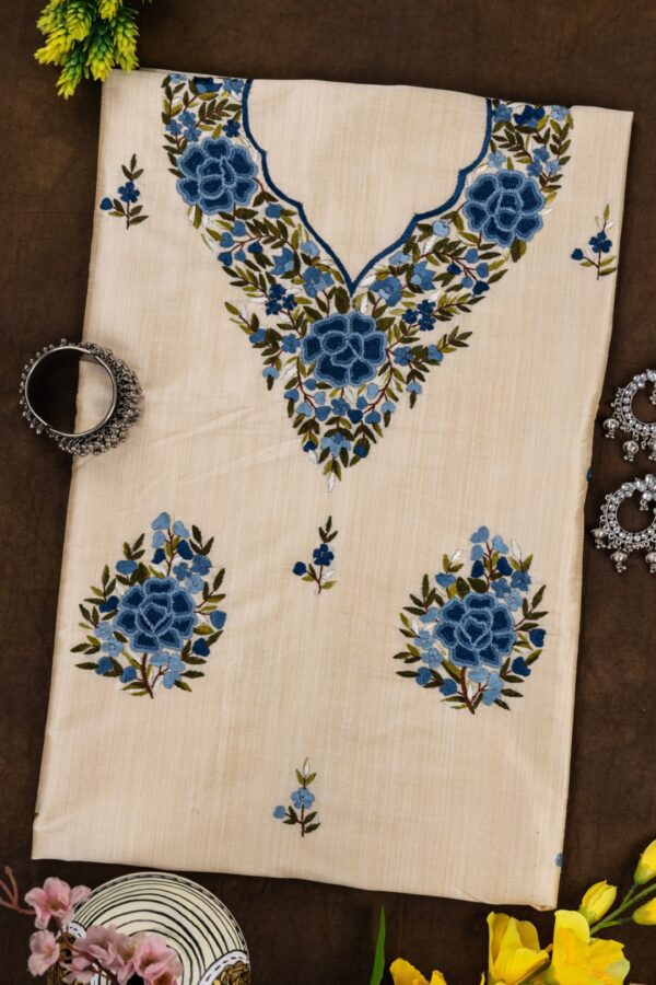 Artistic blue Thread Hand Embroidery on Adrika's Semi Tussar Kurta