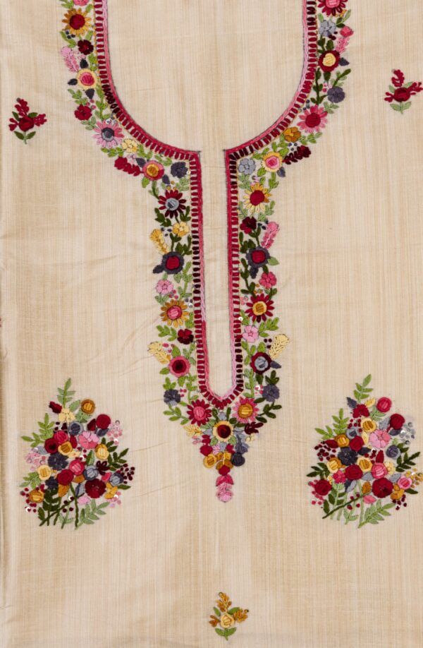 Handcrafted Multicoloured Thread Embroidery on Semi Tussar Kurta by Adrika