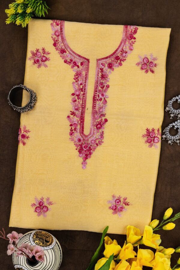 Adrika Yellow Cotton Chanderi Kurta Set with Hand Embroidered Pink Shades