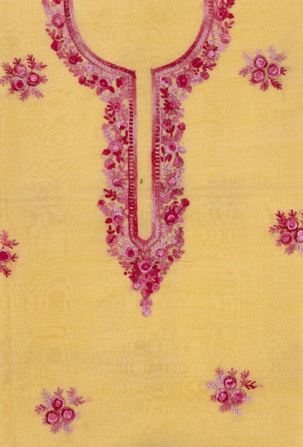 Adrika Different Shades Of Pink Hand Embroidered Yellow Chanderi Unstitched Kurta