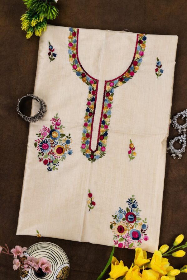 Adrika Multicoloured Thread Hand Embroidered Semi Tussar Kurta