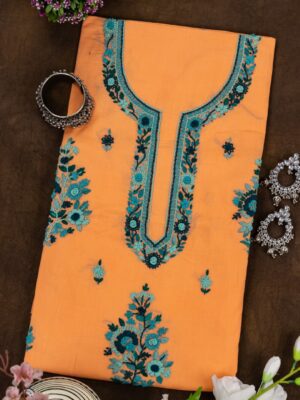 Adrika Orangish Peach Unstitched Kurta with Different Shades Of Blue Hand Embroidery