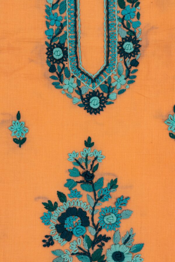Hand Embroidered Orangish Peach Kurta Set by Adrika with Shades Of Blue Threads