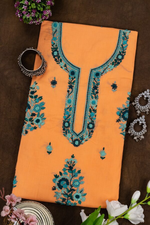 Adrika Different Shades Of Blue Thread Embroidered Orangish Peach Unstitched Kurta Set