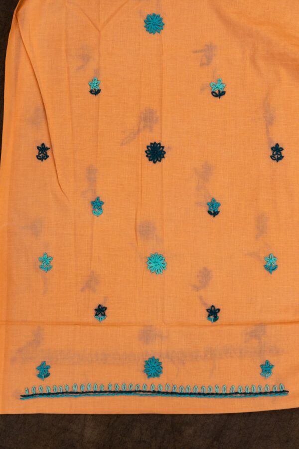 Elegant Adrika Orangish Peach Kurta Set with Different Shades Of Blue Embroidery