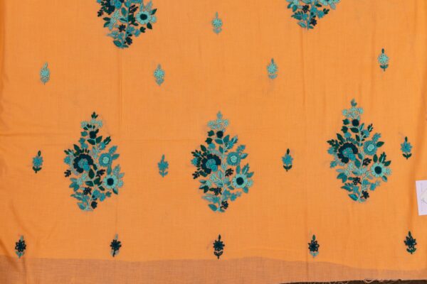 Adrika Orangish Peach Unstitched Kurta Featuring Shades Of Blue Hand Embroidery