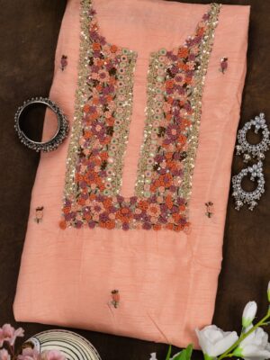 Adrika Peach Coloured Dola Silk Kurta Set with Multicoloured Hand Embroidery