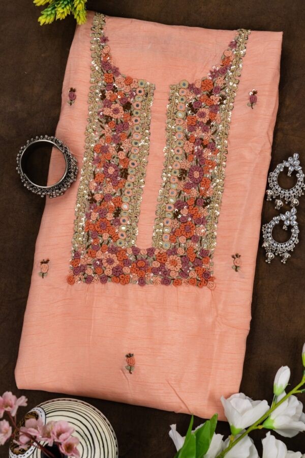 Adrika Peach Coloured Dola Silk Kurta Set with Multicoloured Hand Embroidery