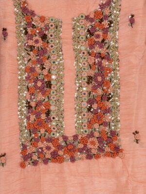 Elegant Adrika Peach Coloured Dola Silk Kurta Set with Multicoloured Embroidery