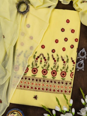 Premium Hand Embroidered Cotton Unstitched 3 Piece Set by Adrika