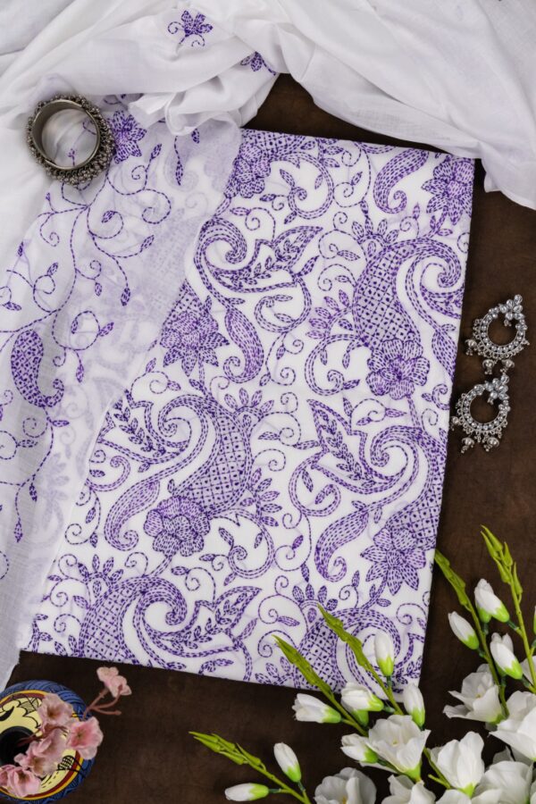 Adrika White Cotton Kurta Set with Purple Hand Embroidery