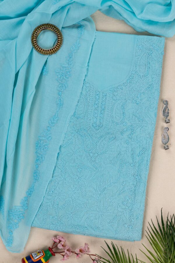 Chic Adrika Turquoise Blue Cotton Kurta Set with Multicoloured Hand Embroidery