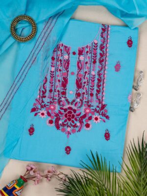 Artistic Adrika Multicoloured Hand Embroidered Turquoise Blue Cotton Kurta Set