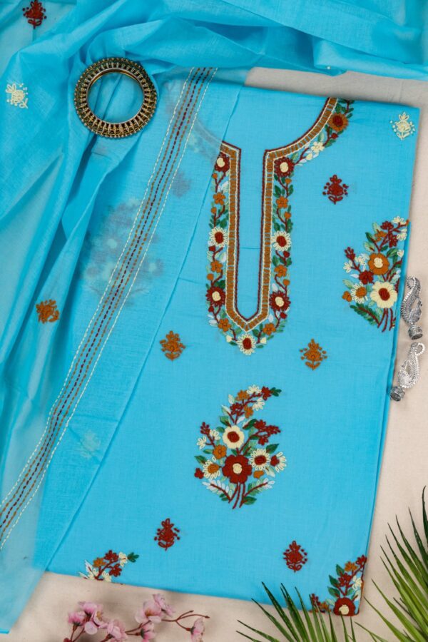 Adrika Turquoise Blue Cotton Kurta Set with Multicoloured Hand Embroidery