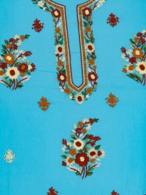 Hand Embroidered Turquoise Blue Cotton Kurta Set by Adrika