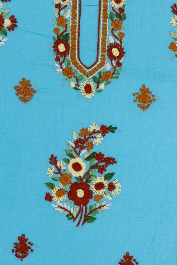 Adrika Multicoloured Thread Embroidered Turquoise Blue Cotton Unstitched Kurta Set