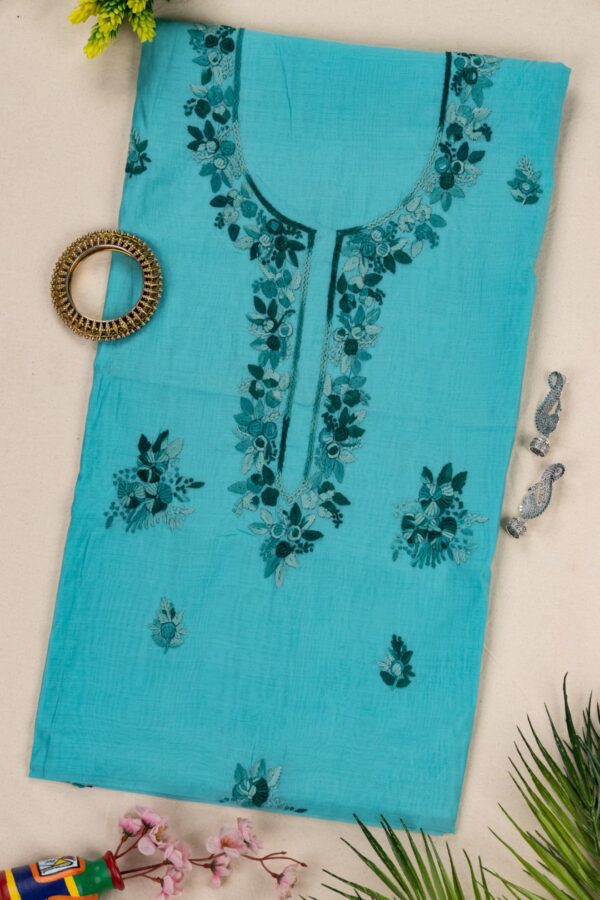 Adrika Turquoise Blue Cotton Chanderi Kurta with Green Hand Embroidery