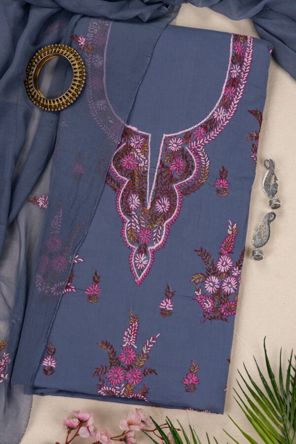 Premium hand-embroidered cotton unstitched 3 piece kurta set