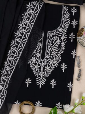 Adrika Black Cotton Kurta Set with White Thread Hand Embroidery
