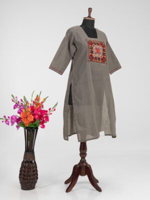 Khadi Cotton Kurti with Artisanal Hand Embroidery by Adrika
