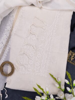 Adrika's Off White Mangalgiri Cotton Lucknow Chikankari Unstitched Kurti Set